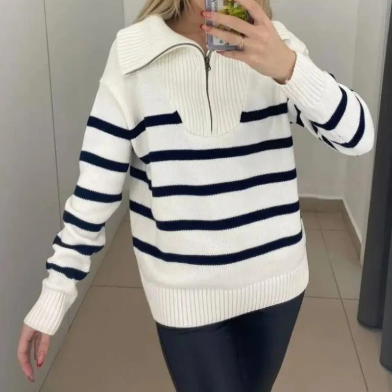 Zipper Striped Sweater Kintted Women Crochet Pullovers Streetwear Spring Autumn Winter Sweet Jumper Y2k Top Jumper Streetwear