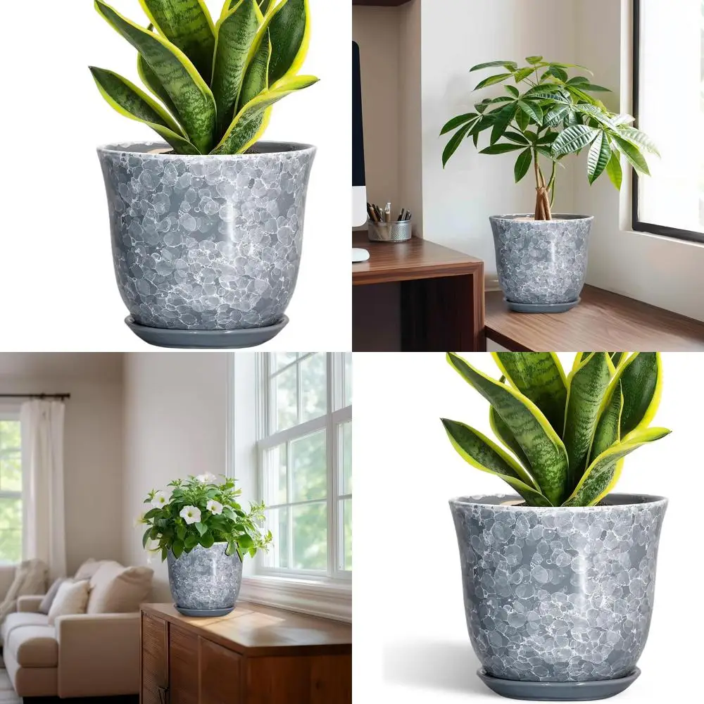 

8 Inch Round Plant Pot with Drainage and Saucer, Suitable for Indoor or Outdoor, Decorative Grey Planter for Home and Garden
