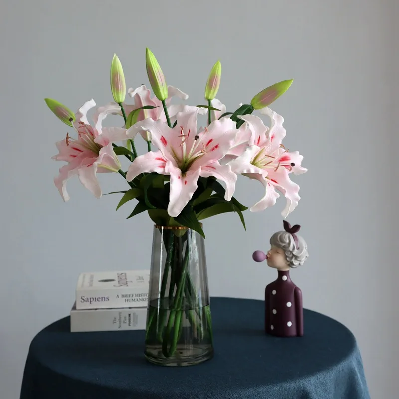 4Pcs Dia 18cm PU Lily 2Head Fake Flowers Real Touch Lily for Home Living Room Decoration Floral Wedding Event Flower Arrangement