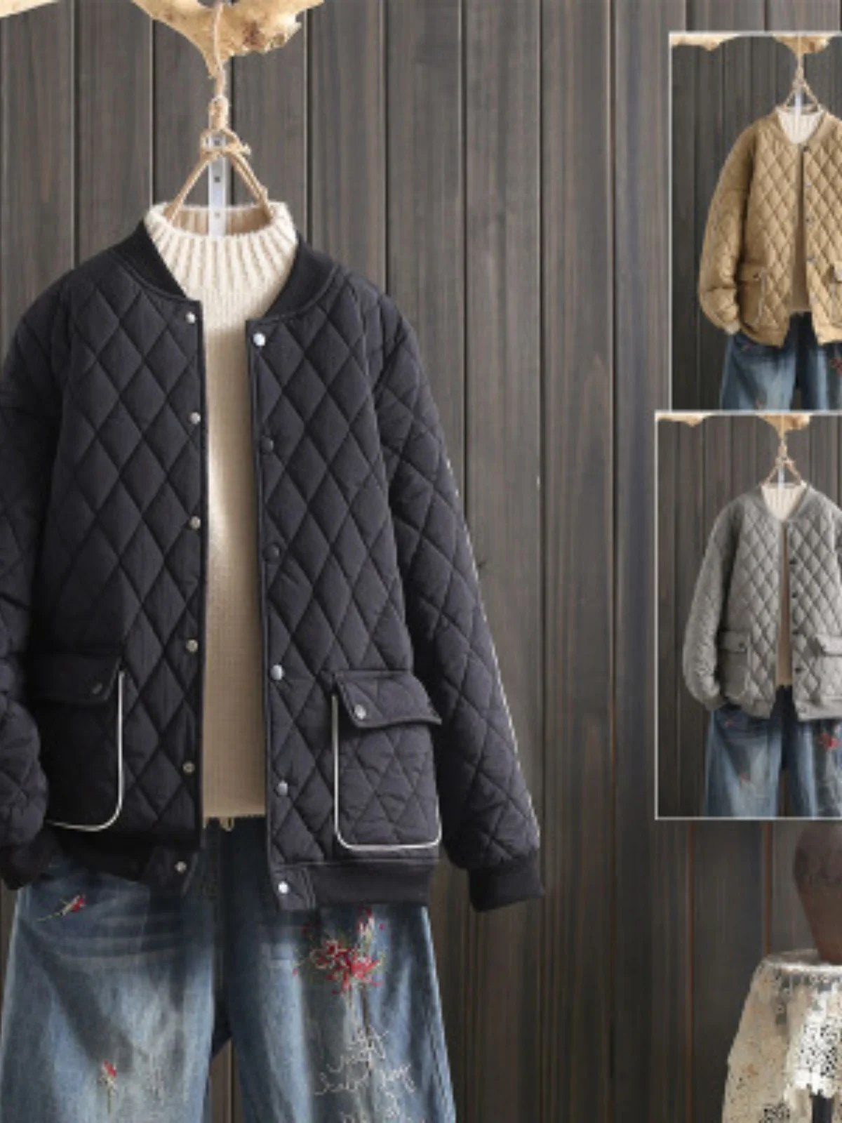 

Korean Japanese Winter Thiened Diamond Large Size Cotton Jaet ort Versatile Warm Women's Clothing Label Removed