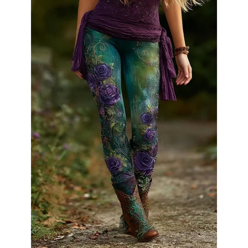 بنطلون نسائي لباس ضيق مريح كاجوال على الطراز البوهيمي زهور خصر مرن يسمح بمرور الهواء مريح قابل للتمدد في عطلة الشارع #1