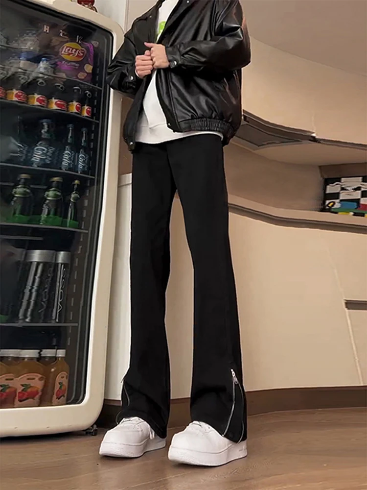 

Spring Men's High Elastici American Zipper Jeans Bla Loose Fit Wide Leg Pants Youth Trendy Wear Resistant Cotton Polyester