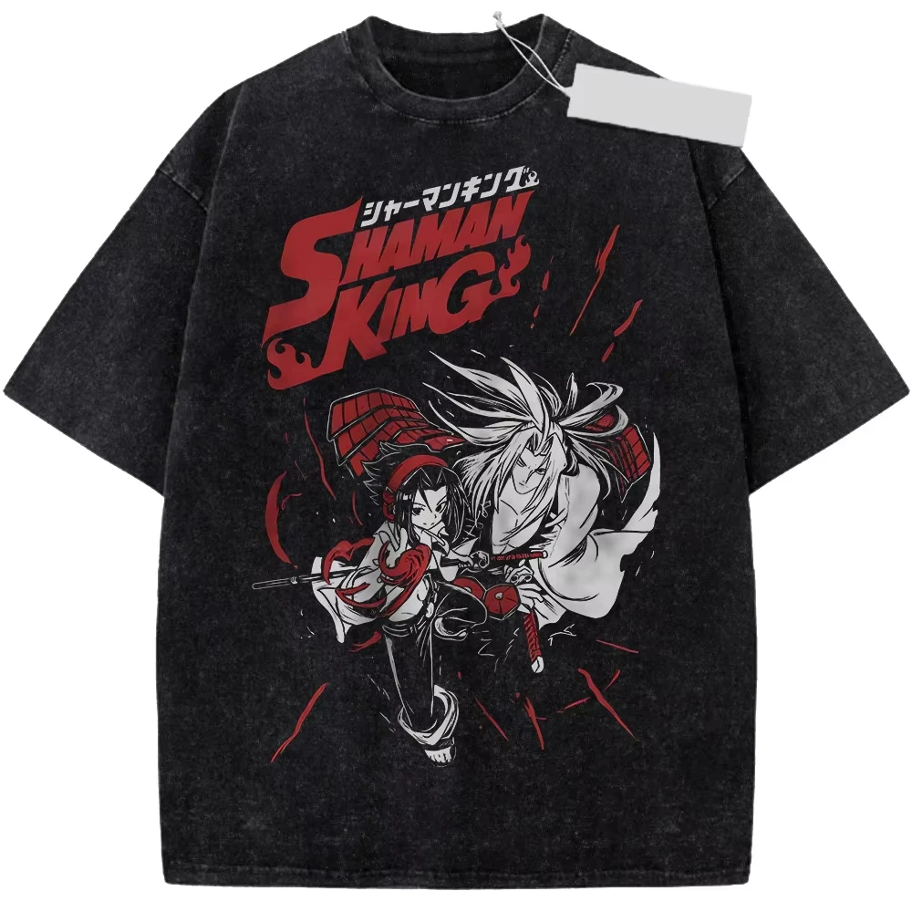 Shaman King Yoh Asakura Anime T-shirt Men Women Cotton Vintage Washed Graphic Print Short Sleeve Harajuku Otaku Streetwear Top
