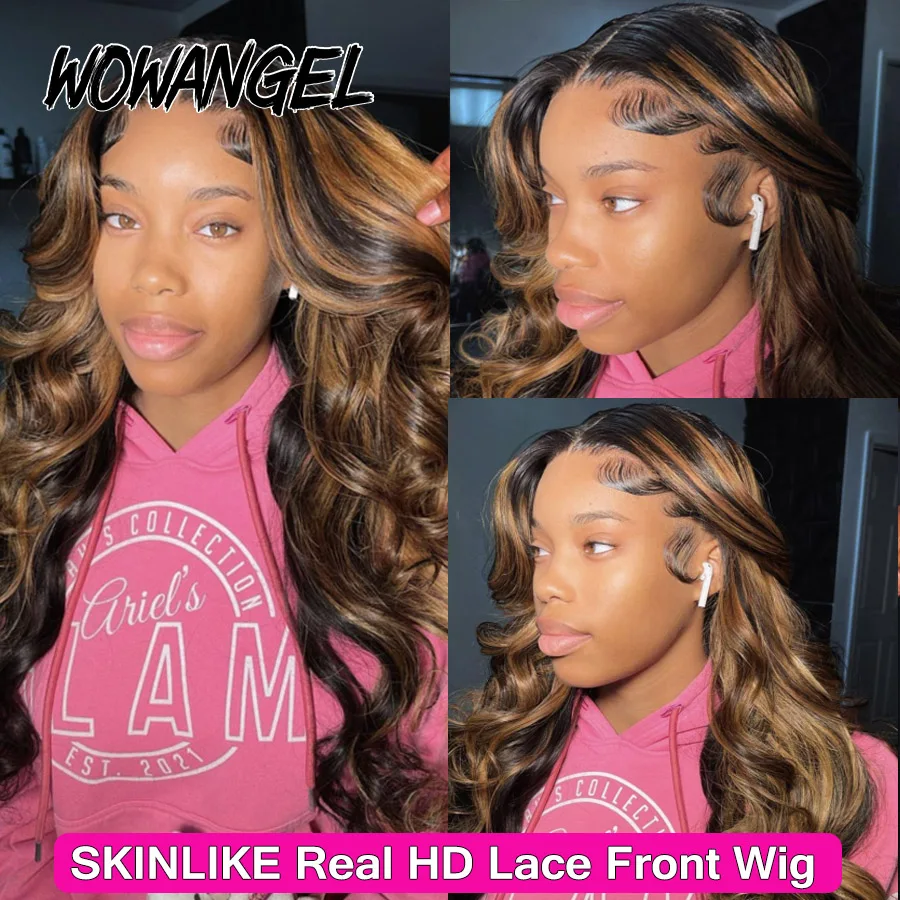 Wow Angel 250% Ombre Highlight Wig 13x6 HD Парик фронта шнурка Глубокая часть Объемная волна Парик из человеческих волос Melt Skins Натуральная кожа