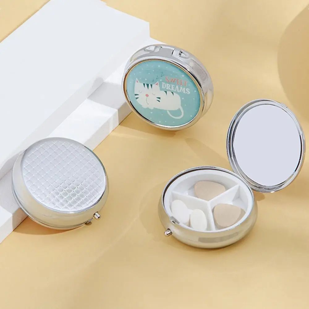 Waterproof Stainless Steel Folding Pill Boxes Portable Mirror Metal Medicine Case Dual Function 3 Grids Drugs Box Travel