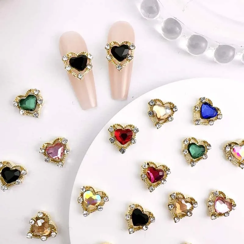 10 Stück Luxus Legierung Nagel Charms Herz Strass Kristall Nail Art Dekorationen DIY Zubehör Y2k