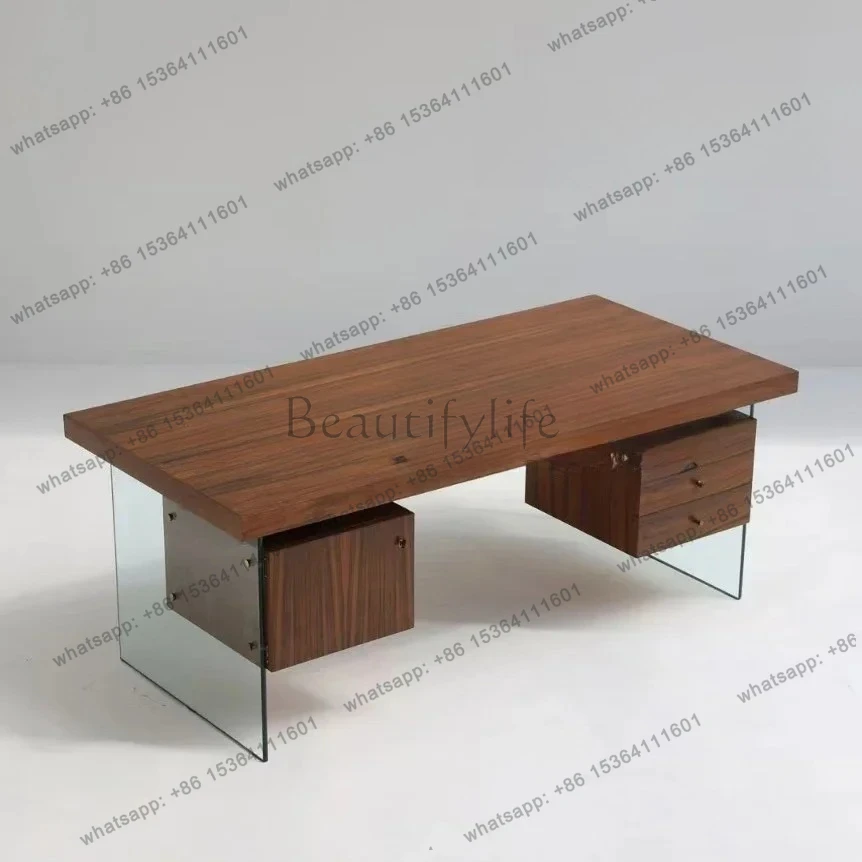 

Medieval style desk glass retro walnut color desk wabi wind minimalist modern simple high-end