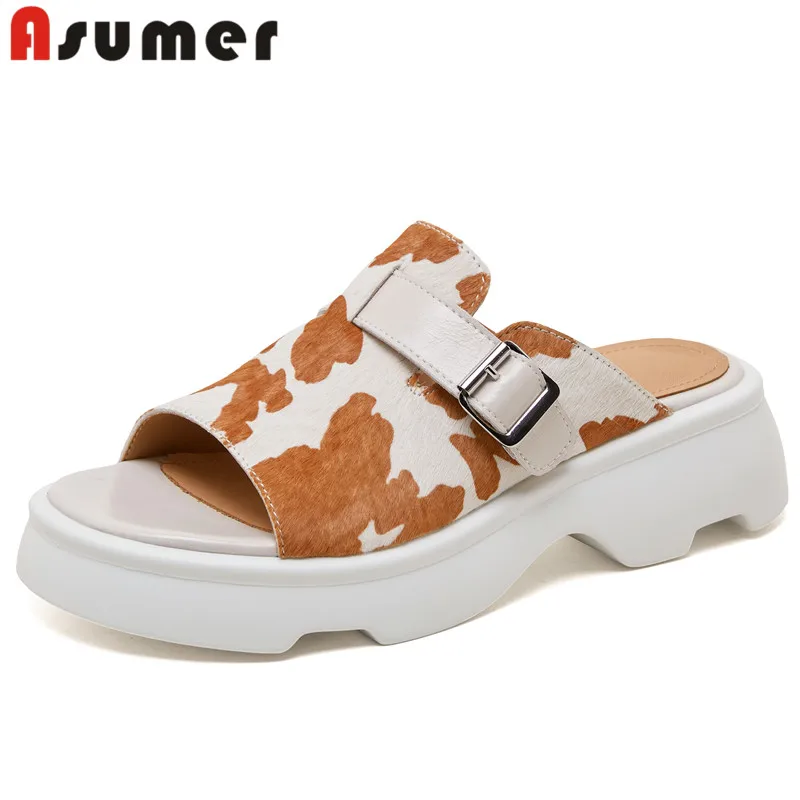 

ASUMER New Top Sale Ladies Mixed Colors Casual Shoes Horsehair Summer Woman Slippers 2024 Buckle Square High Heels Slippers