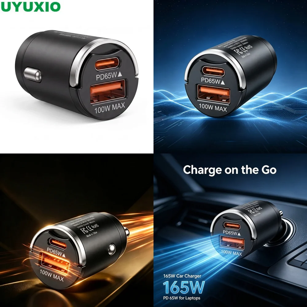 165W Travel Car Charger PD 65W Type C and 100W USB A Power for Mobile Devices and Laptops Ultra Compact Flush Mount Design