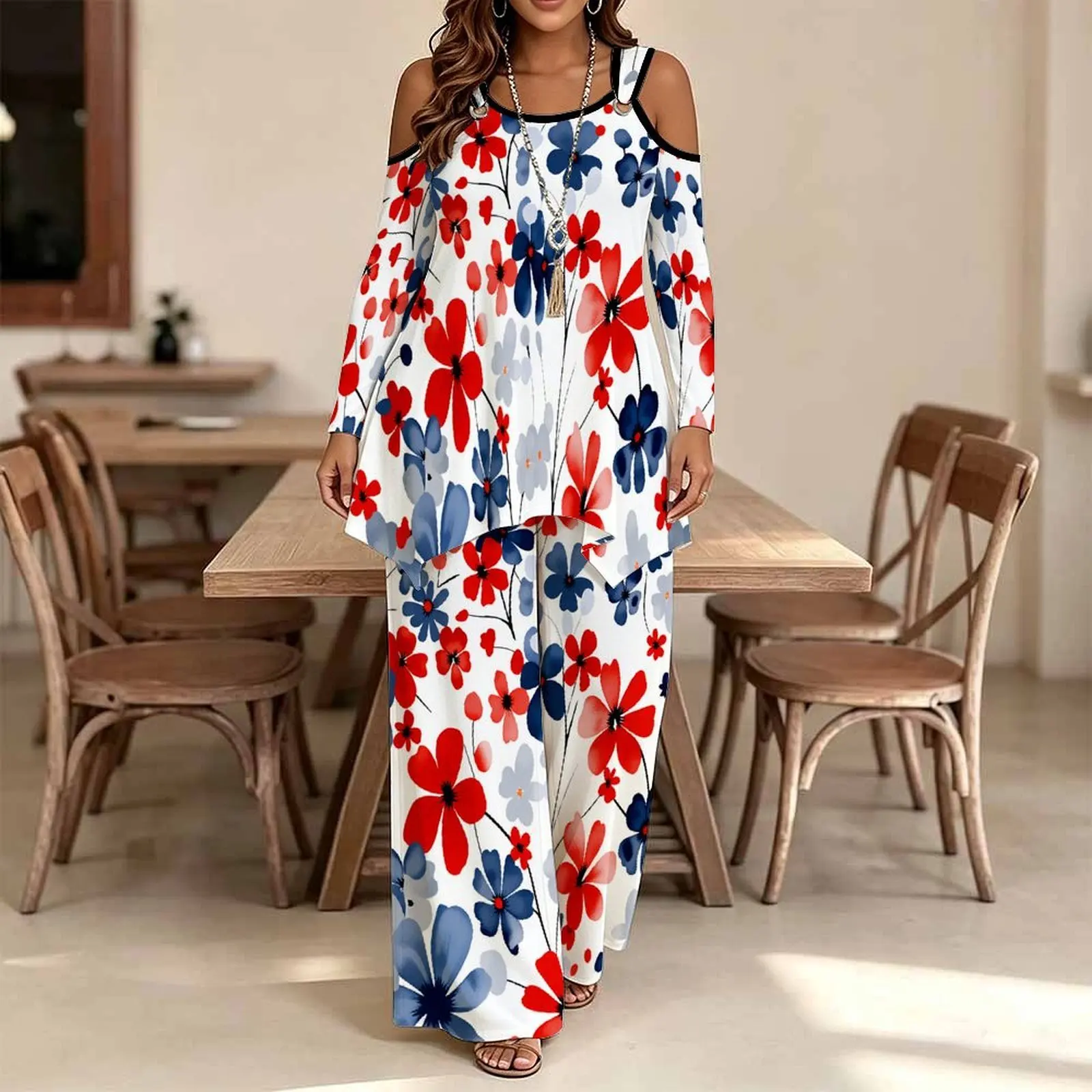 Plus Size Women's Irregular Top Printed Trousers Elegant Pants Autumn Long-sleeved Off-the-shoulder T-shirt Winter Two-piece Set
