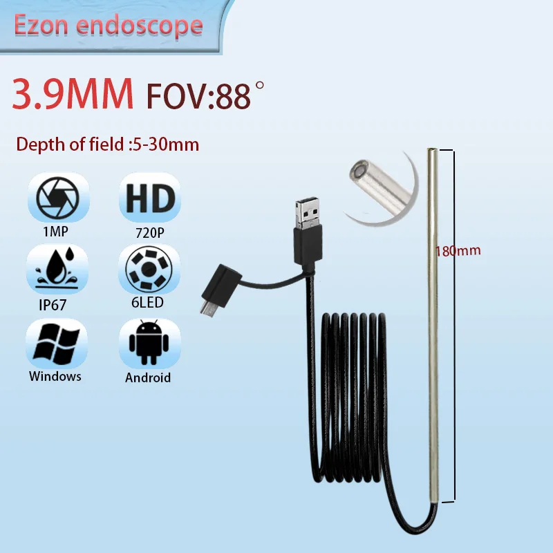 

1 МП 3,9 мм FOV 88 ° Промышленная эндоскопическая камера с длинной трубкой для осмотра двигателя 1,5 м USB Type-C Android Эндоскопическая камера 3-в-1