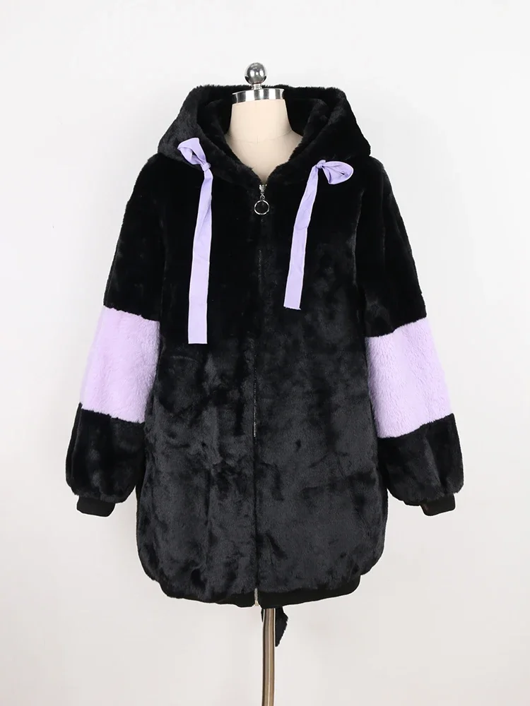 Nerazzurri Winter Thick Warm Soft Harajuku Kawaii Sweet Cute Lovely Faux Fur Hoodie Women Fluffy Jacket with Bunny Ears and Tail