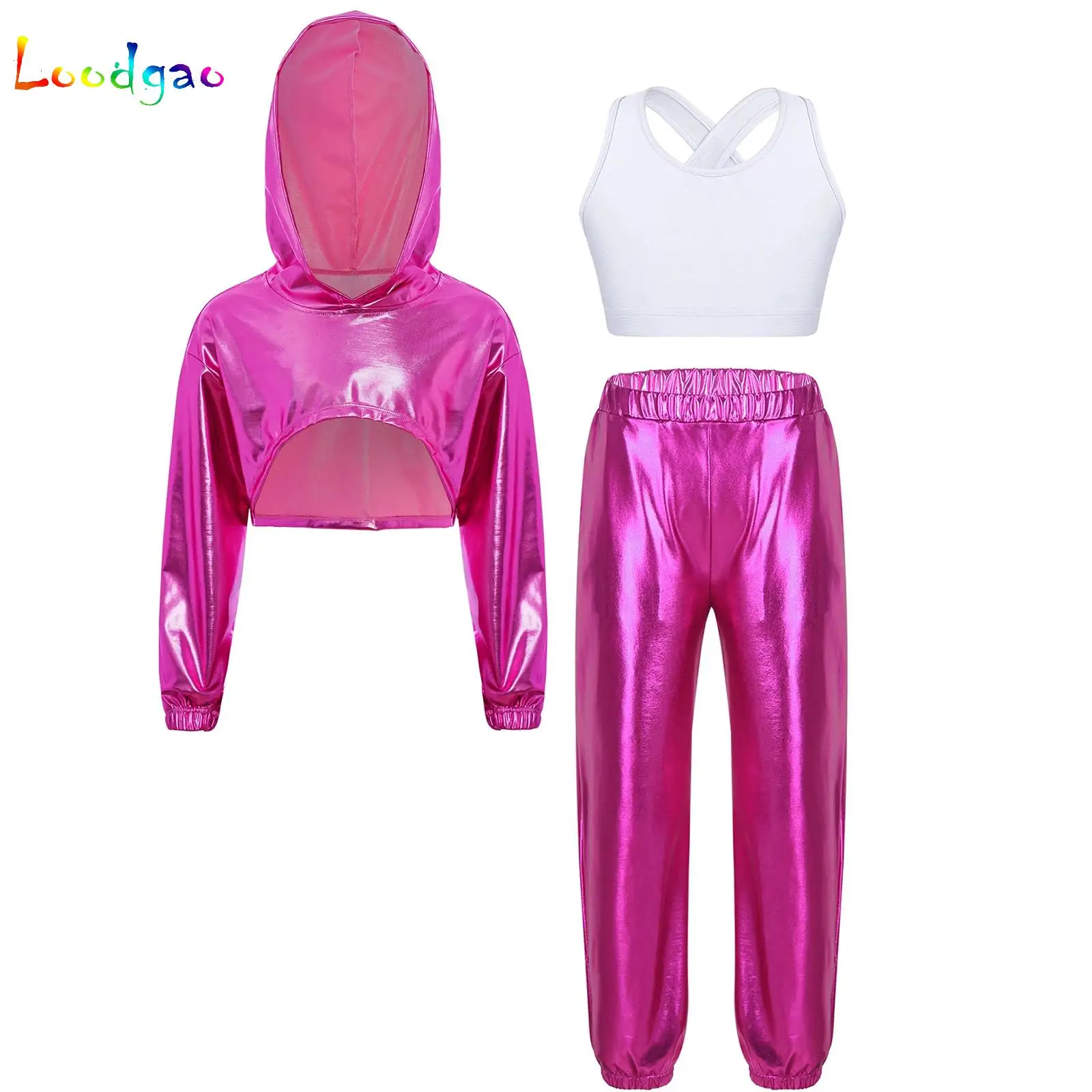 

Kids Girls Hip-Hop Jazz Dance Costume Metallic Cropped Hoodie with Vest And Pants Dancewear Set for Modern Stage Performance
