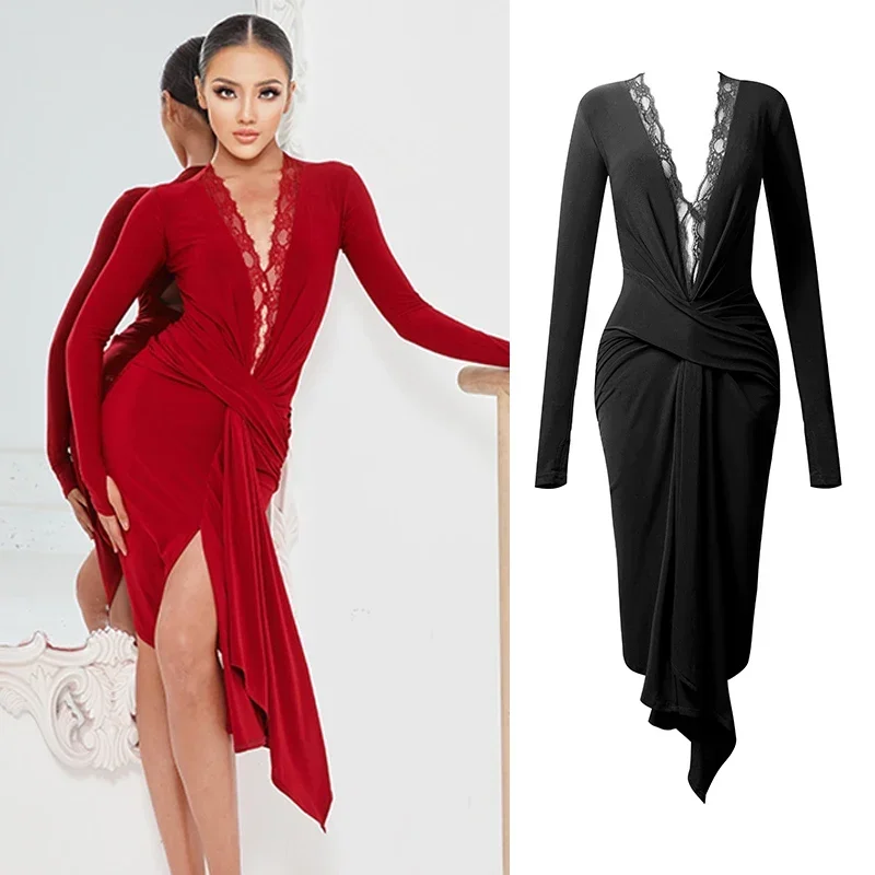 

Women V Neck Lace Long Sleeves Black Dress Practice Clothes Rumba Tango Wear Latin Competition Dress Latin Dance Dress