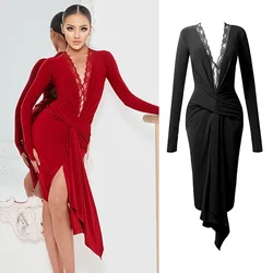 Women V Neck Lace Long Sleeves Black Dress Practice Clothes Rumba Tango Wear Latin Competition Dress Latin Dance Dress