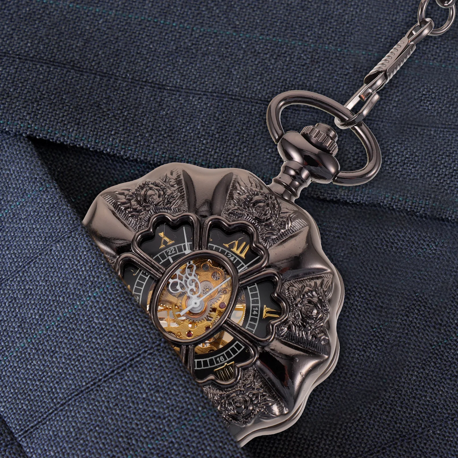 خمر الجوف خارج صدفي اليقطين شكل الميكانيكية ساعة الجيب الذهب لهجة الرجعية ساعة للرجال الرومانية