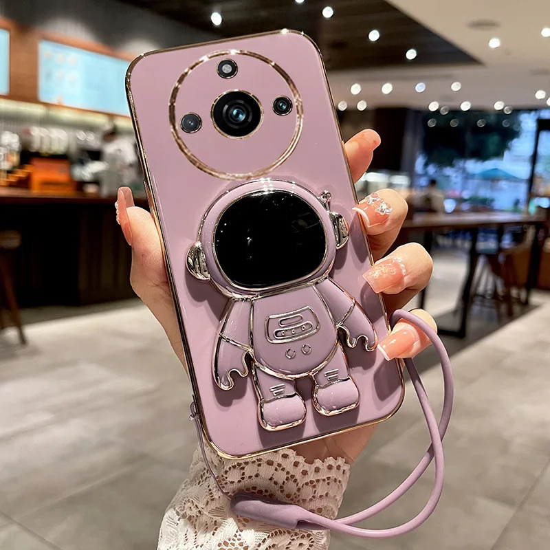 For Realme 11Pro 11 Plus Electroplated Drop-proof Dustproof Soft Phone Case with Cartoon Astronaut Folding Stand  Holder lanyard