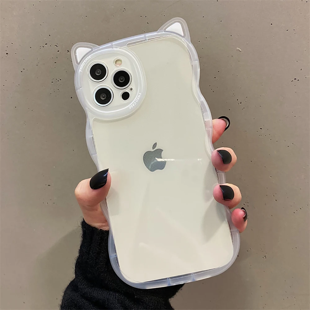 Cute Cat Ear Curly Wave Transparent Case For iPhone 11 13 12 14 15 16 Pro Max Cartoon Shockproof Clear Soft Back Cover