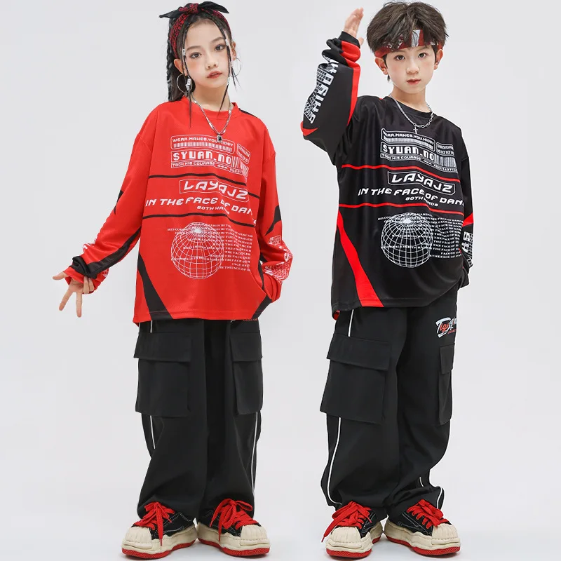 Kids Hip Hop Dance Clothes Sets Boys Girls Black Loose Vest Long Sleeve Tops Jazz Dance Performance Costume Modern Kpop Outfit