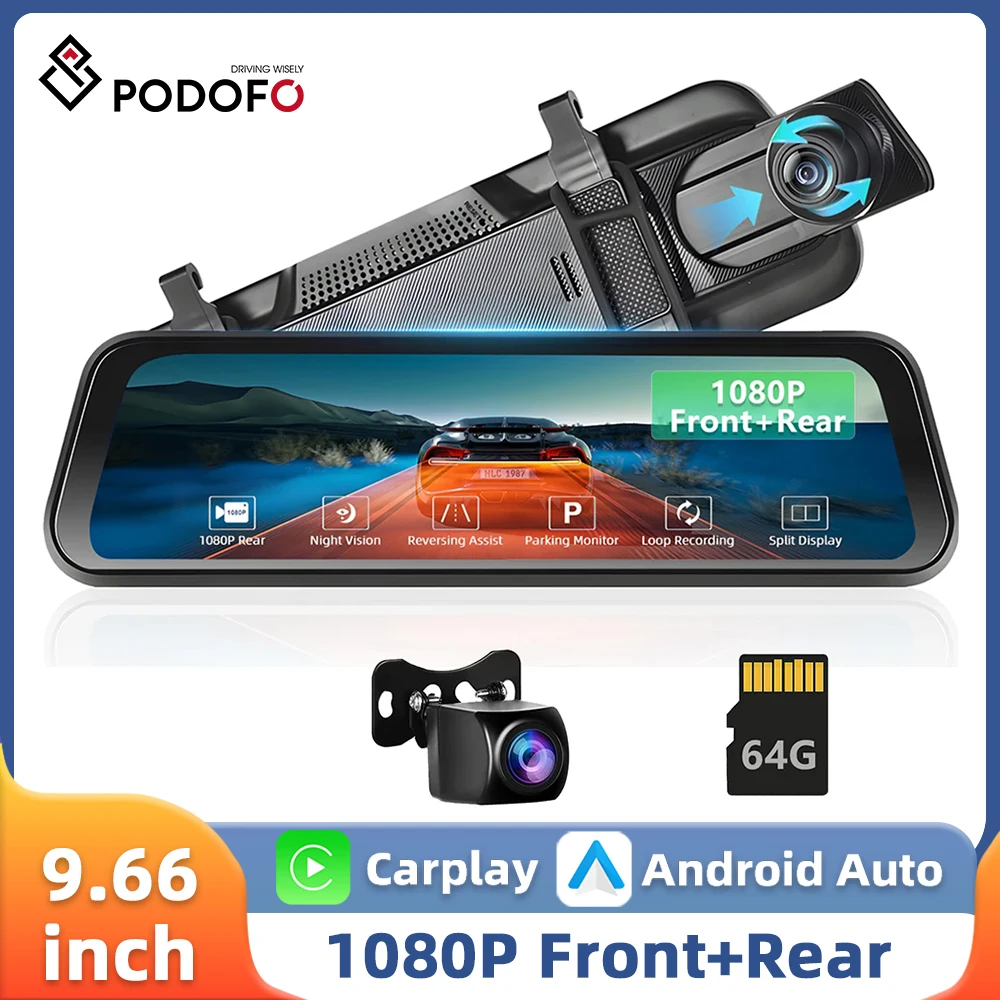 Podofo 9.66'' Car DVR CarPlay Android Auto Video Player Rearview Camera Car Mirror Monitor 64G Card Dashboard Parking Monitor