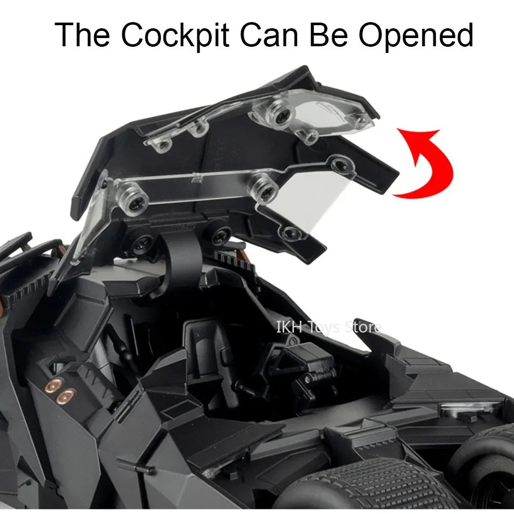 Model Batmobilu w skali 1:24, metalowy, odlewany, z dźwiękiem i światłem, napęd na sprężynę, otwierane drzwi, amortyzacja, ozdoba, prezent dla chłopców.