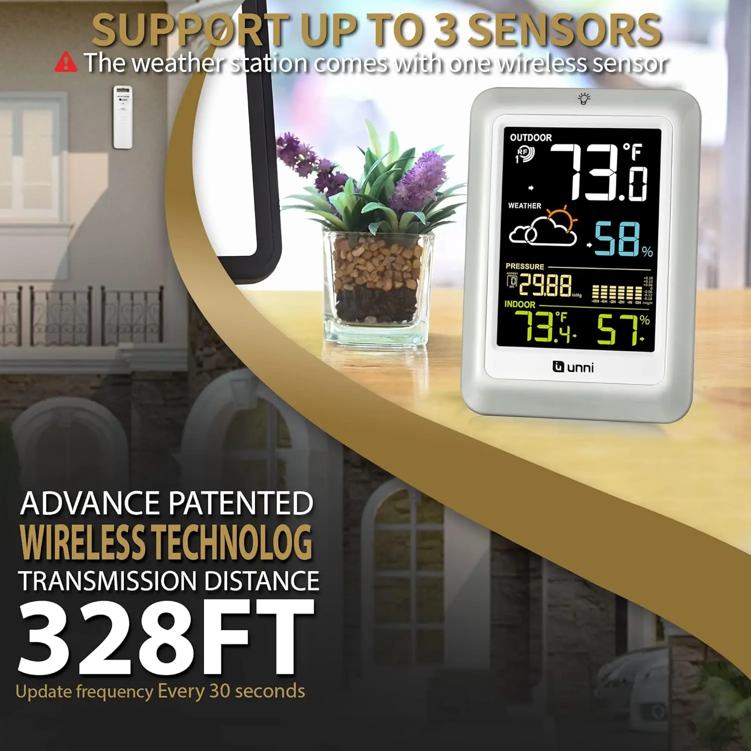 Wireless Indoor Outdoor Thermometer with 330ft Range, Adjustable Backlight, Weather Station Monitor