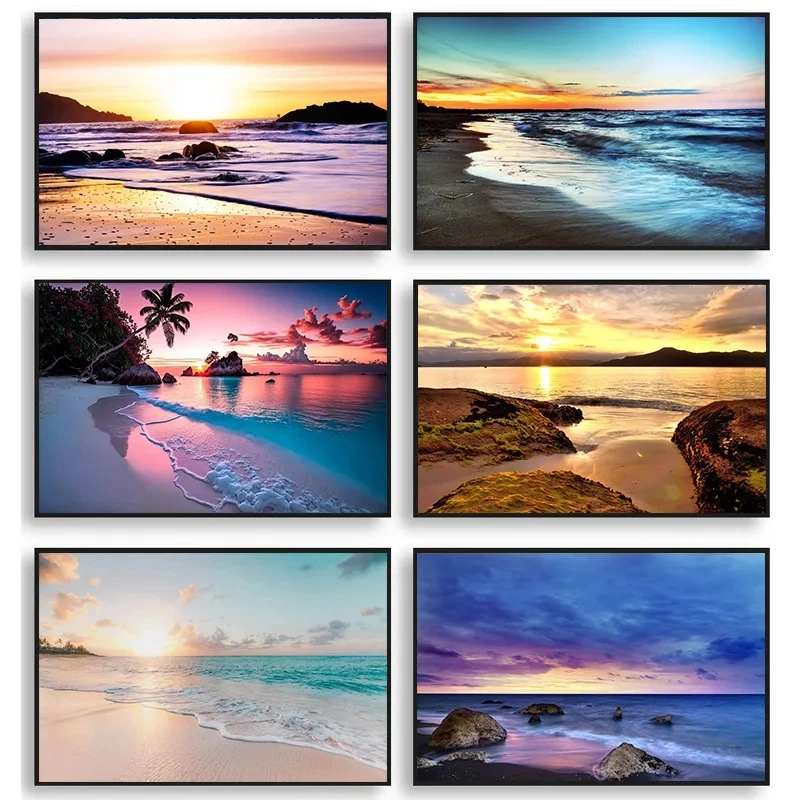 Sunset Hawaii Beach Posters Gold Sea Landscape Canvas Paintings Tropical Palm Tree Wall Art Pictures Living Room Home Decor