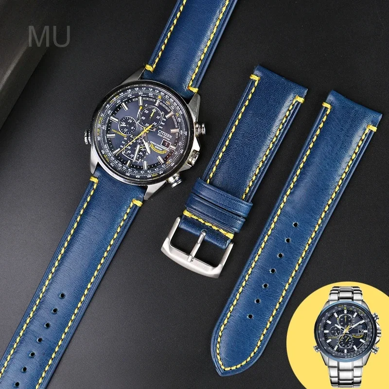 For Citizen Blue Angel Air Eagle  AT8020 Jy8078 First Second Generation Comfortable and Breathable Cowhide Watch Strap 22 23mm