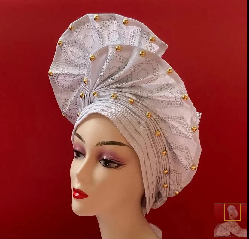 nigerian aso oke headtie african headtie women White Aso Oke Gele With Gold Beads Auto Head Wear African Turban Cap For Women