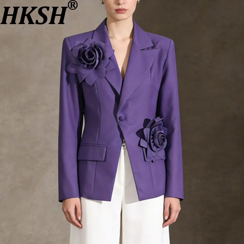 

HKSH Spring Autumn New Women Blazer High-End Asymmetrical Three-Dimensional Flower Single Button Slim Fit Elegant Jacket HK17100