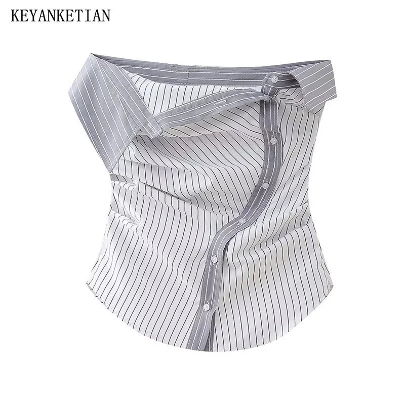 KEYANKETIAN 2024 nuovo lancio corsetto a righe asimmetrico da donna Street style Button-up Slash neck Cropped plissettato Crop Top