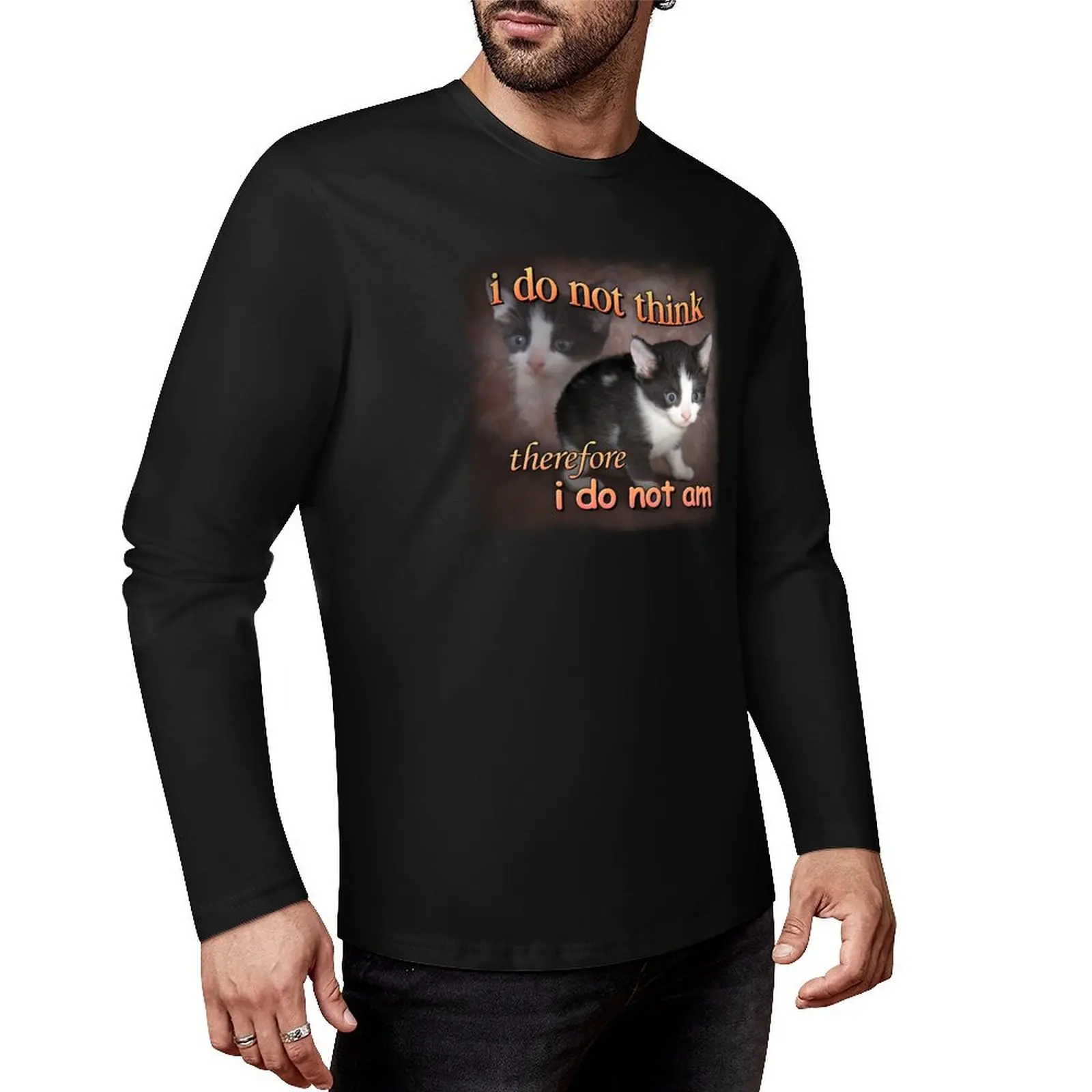 

I do not think therefore I do not am - cat meme portrait Long T-Shirt aesthetic clothes mens plain t shirts