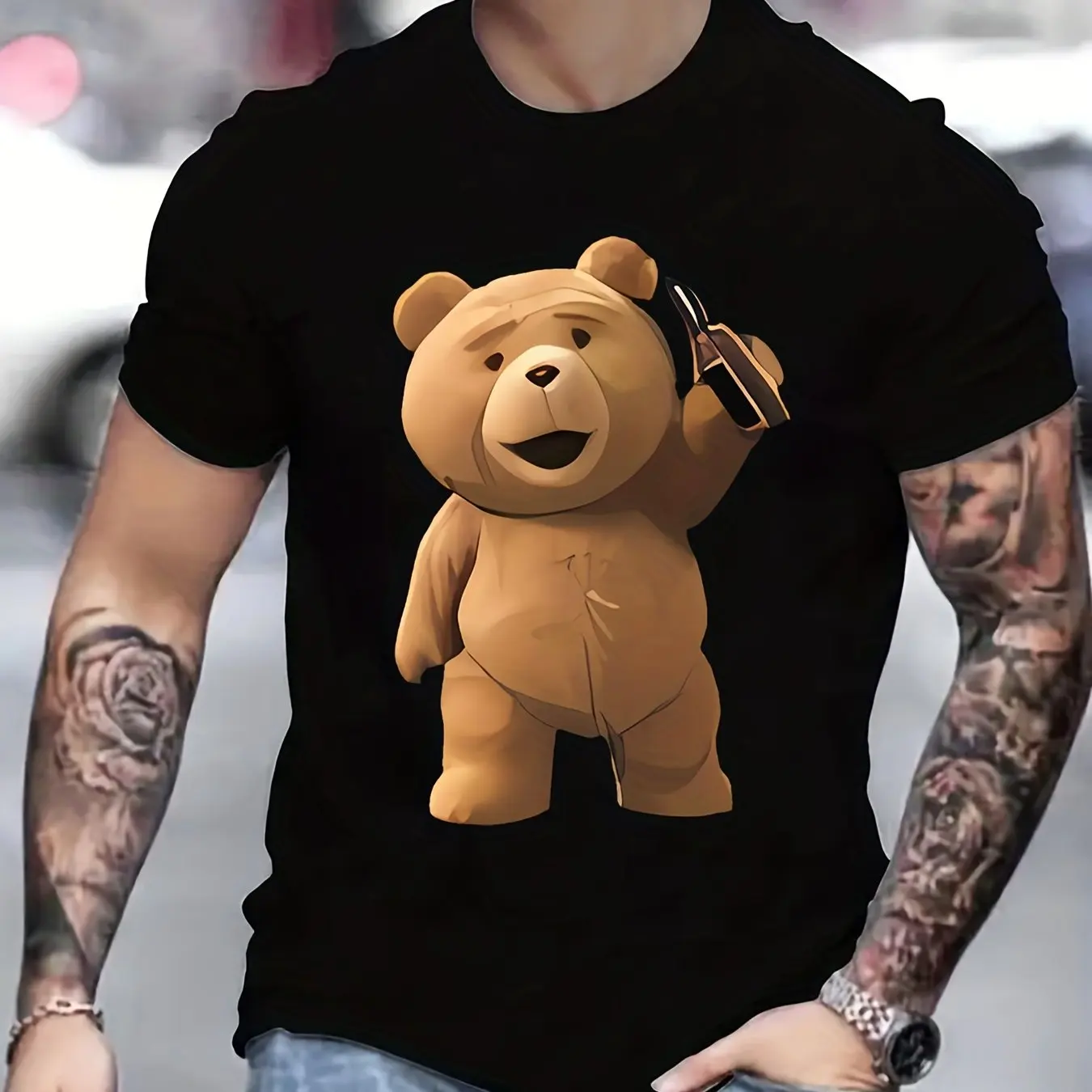 Men's Teddy Bear Pattern T-shirt, Active Slightly Stretch Breathable Tee, Men's Clothing For Outdoor