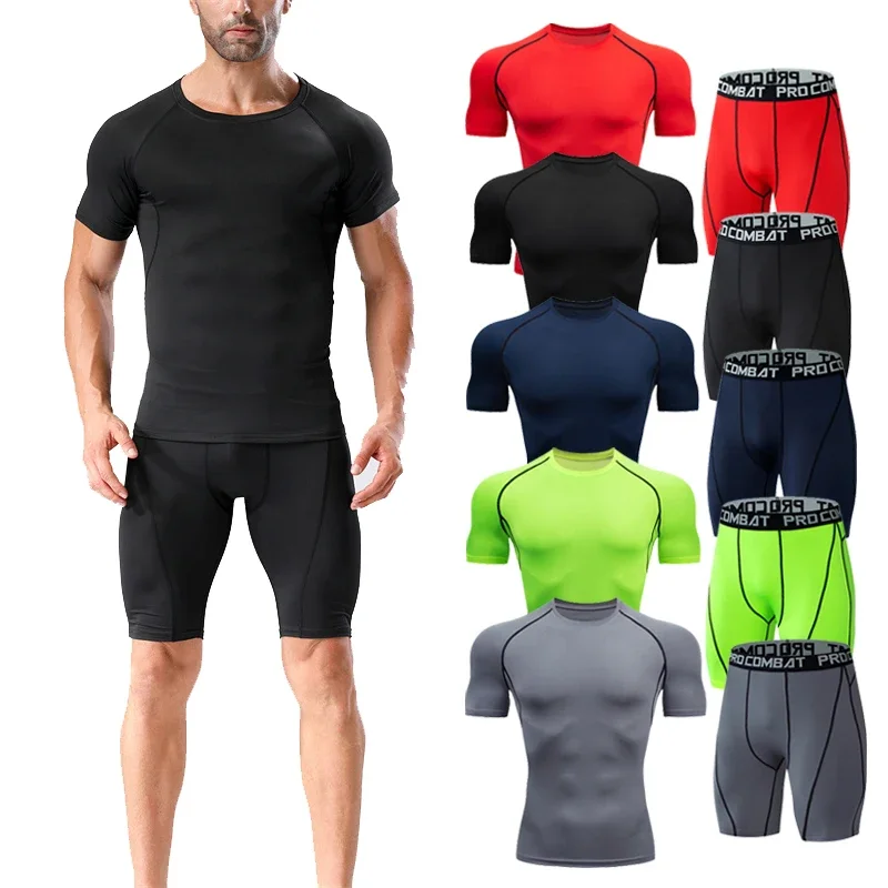 2pcs Men's Compression Sportswear Suit Gym Tight Yoga Sets Workout Jogging MMA Fitness Sports shirt+Shorts Tracksuit Running Set view 3
