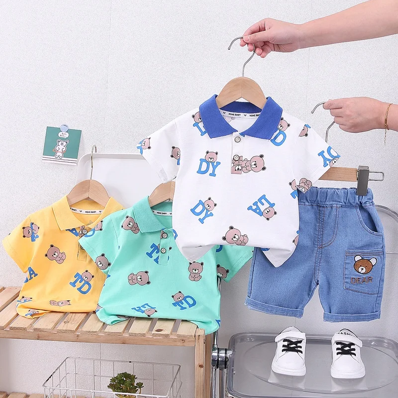 0-5 Year Old Baby Boy Summer Simple Clothes Set Children's Fashion Cartoon Bear Polo Shirt + Denim Shorts 2-Piece Suits