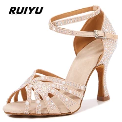 Latin Shoes Ladies Salsa Tango Ballroom Party Dance Shoes Rhinestone Satin Pink Yellow Girls High Heel Summer Sandals Sneakers