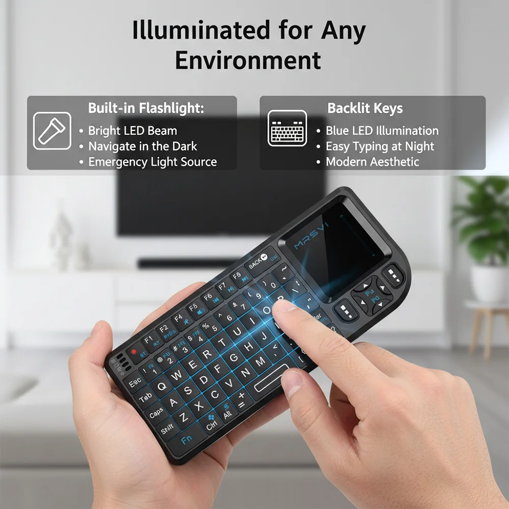 MRSVI Mini Keyboard A8 2.4G&Bluetooth Backlight Touchpad Mouse Flashligt-Portable Applicable-Perfect For Android,PC,Smart TV Box
