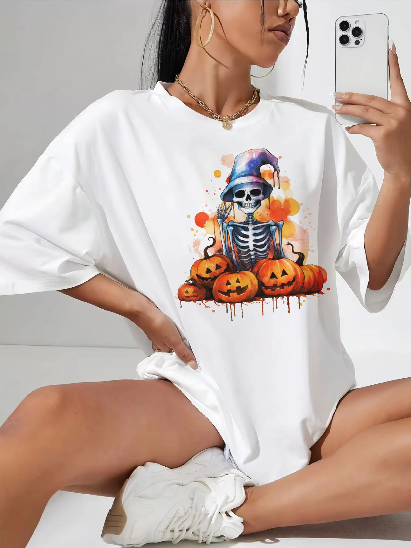 

Женская белая футболка с круглым вырезом размера «Русалка» из хлопка, мягкий свободный удобный топ с модным стильным принтом на Хэллоуин