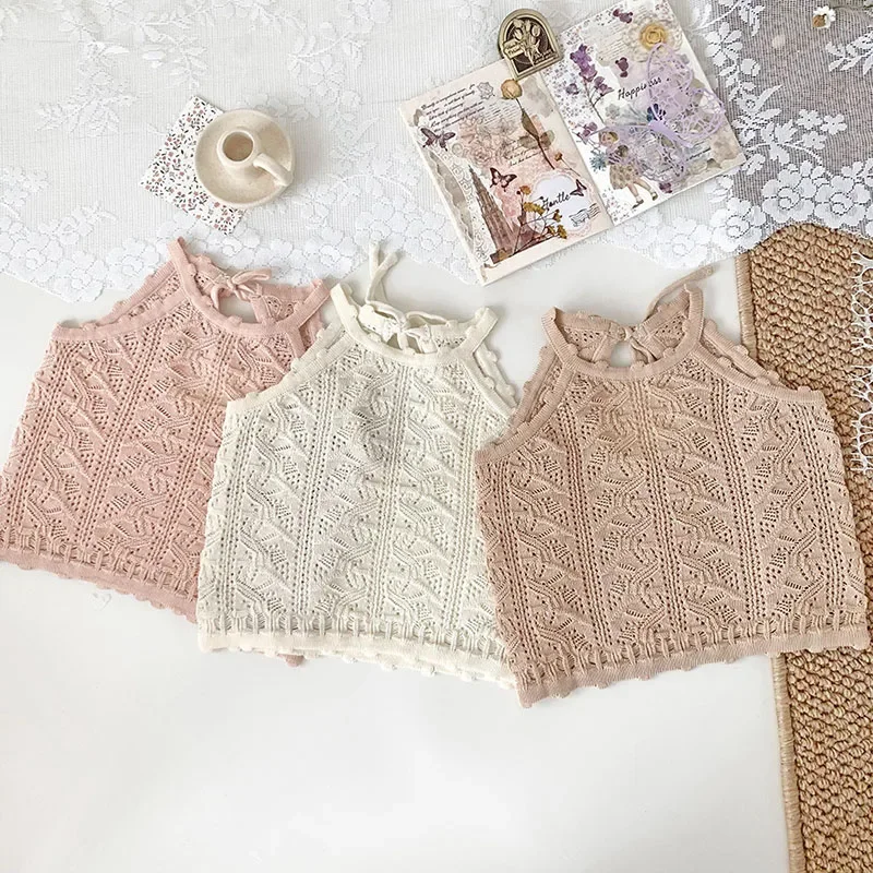 2025 New Summer Baby Girls Pullover Sweaters Sleeveless Knitted Hollow Out Pullover Vest 0-4Yrs Kids Thin Knitted Pullover Tops