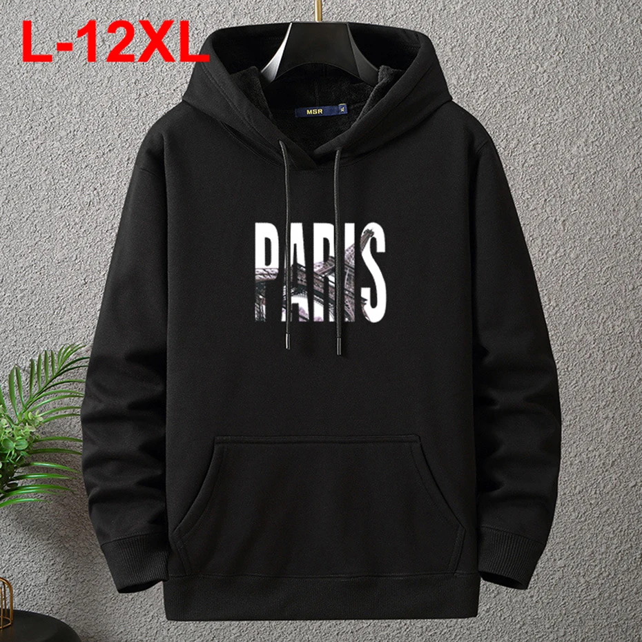 

Plus Size Hoodies Men 12XL Clothes PARIS Letter 10XL Hoodies Thicken Fleece Warm Sweatshirts Male Black Blue Casual Loose Hoodie