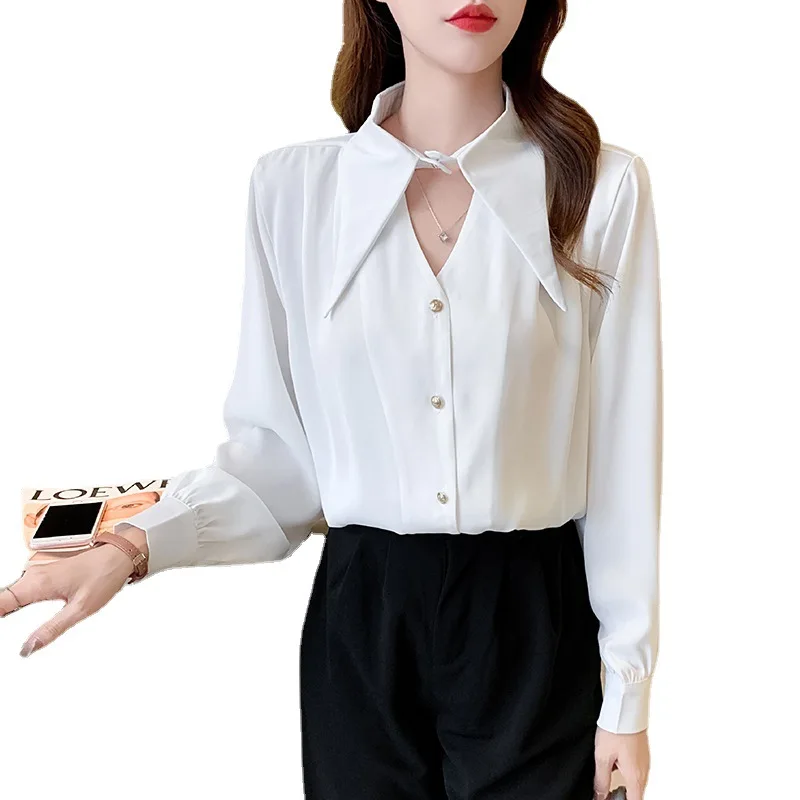 Dames satijnen gladde lange mouwen chic blouse dames elegante button-down effen kleur werk kantoor shirts tops vrouwelijk