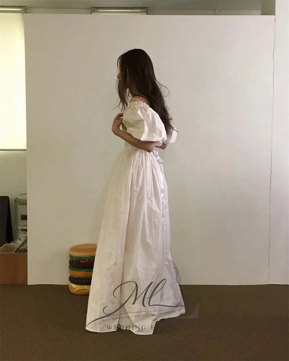 ML Simple Taffeta Wedding Dress Korea Photo Shoot Puff Sleeves Bridal Gown A line Floor Length 웨딩드레스 Customized