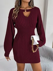 Vestido de lana de Color sólido para mujer, cuello redondo, manga de linterna, Vestidos de punto ahuecados, moda informal, Otoño e Invierno