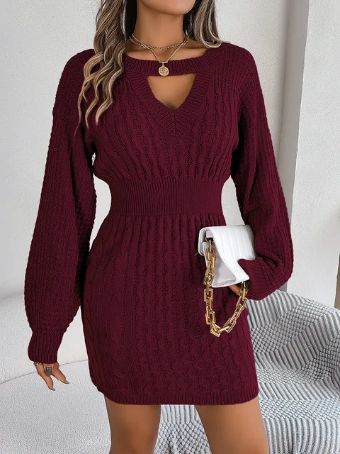 Jesienno-zimowa wełniana sukienka w jednolitym kolorze O-Neck Lantern Sleeve Hollow Out Dzianinowe sukienki dla kobiet Moda Casual Vestidos