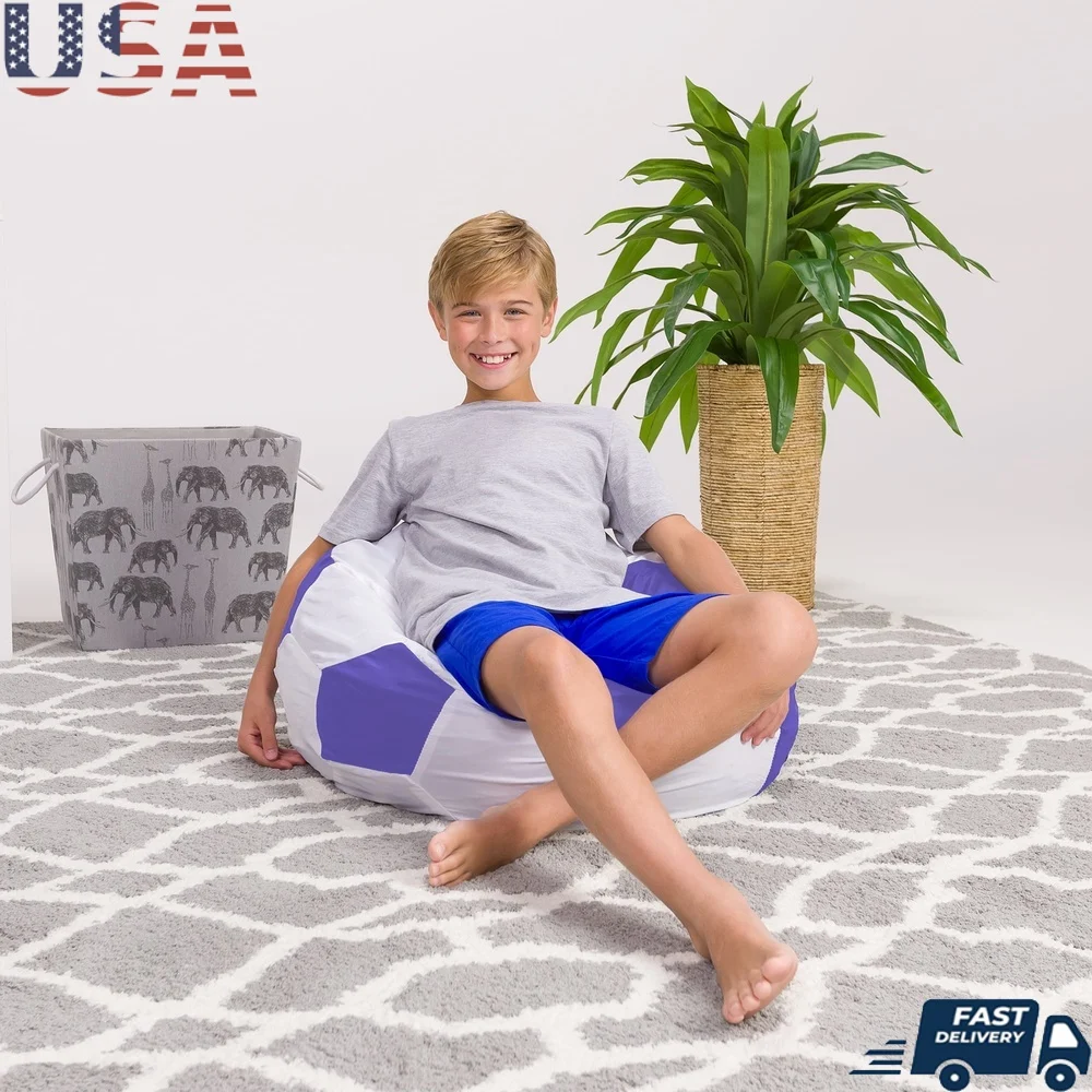 

Kids Bean Bag Chair Removable Cover Soft Comfortable Furniture Playroom Bedroom Office Cozy Spot Purple Soccer Ball Design