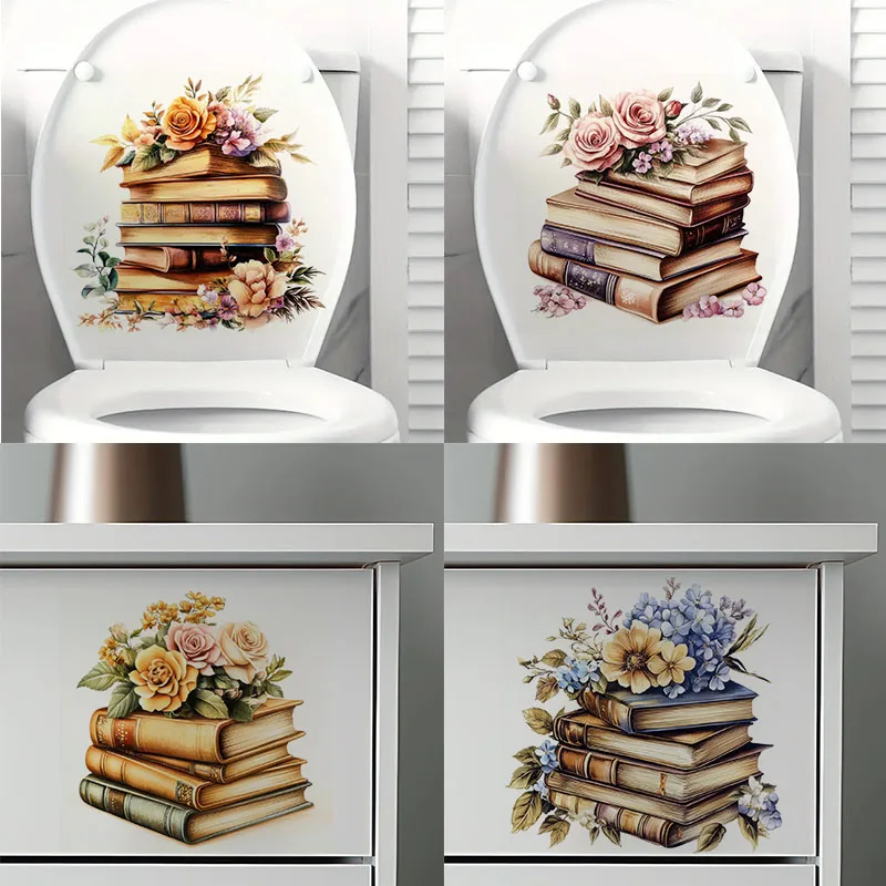 

KT398# Flowers with Books Toilet Stickers Decoration for Living Room, Wall, Bedroom, and Home Decor Car Decals Self-Adhesive