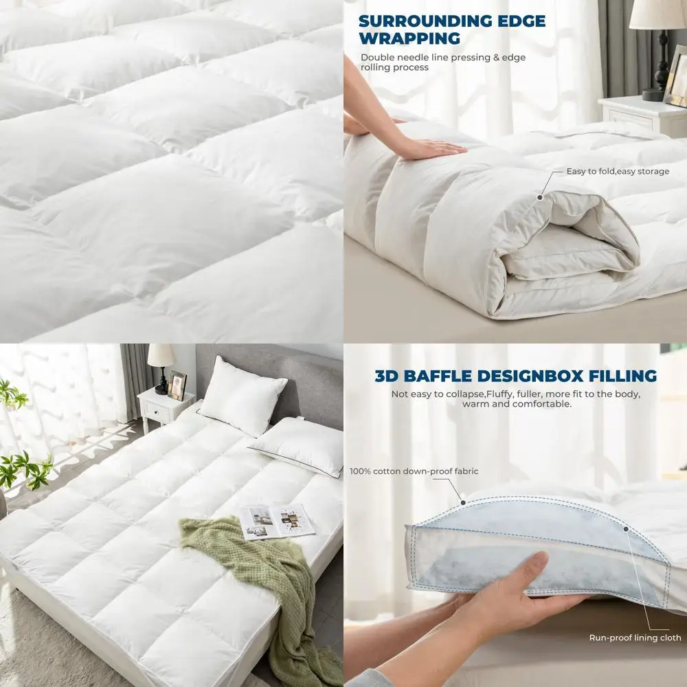 럭셔리 다운 페더베드 매트리스 토퍼 - 트윈/트윈 XL, 대학 기숙사 사이즈, 냉각 필로우탑 프로텍터 스트랩 포함