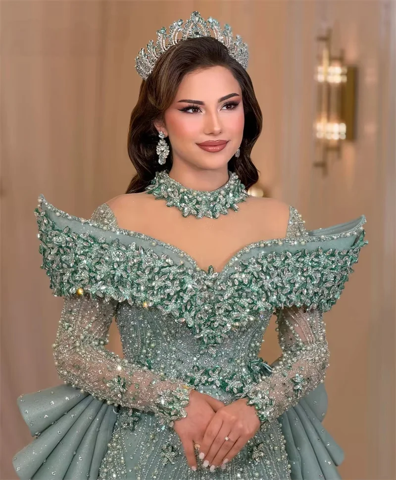 Long Sleeves Middle Eastern Evening Dresses Luxury Beaded Saudi Arabia Dubai Robe De Soiree Prom Dress Gown Customized