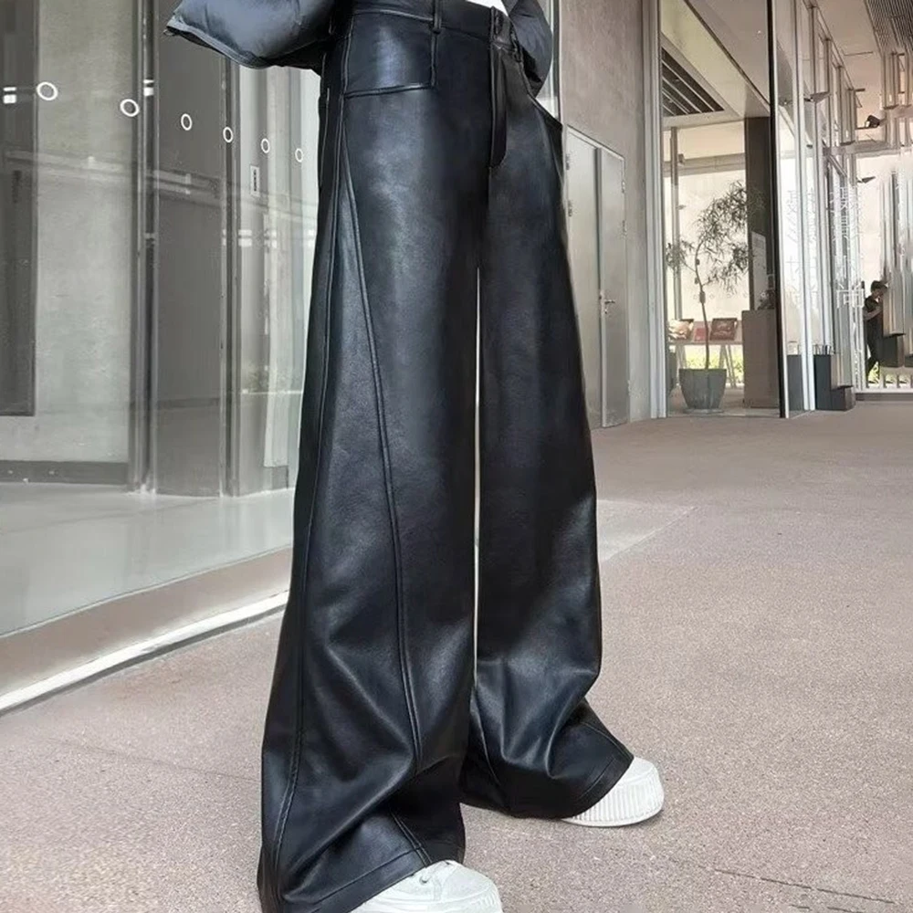 2026 Winter Unisex Solid Color Straight-Leg Leather Pant American Vintage Fashion Trend High Street Casual Loose Neutral Bottoms