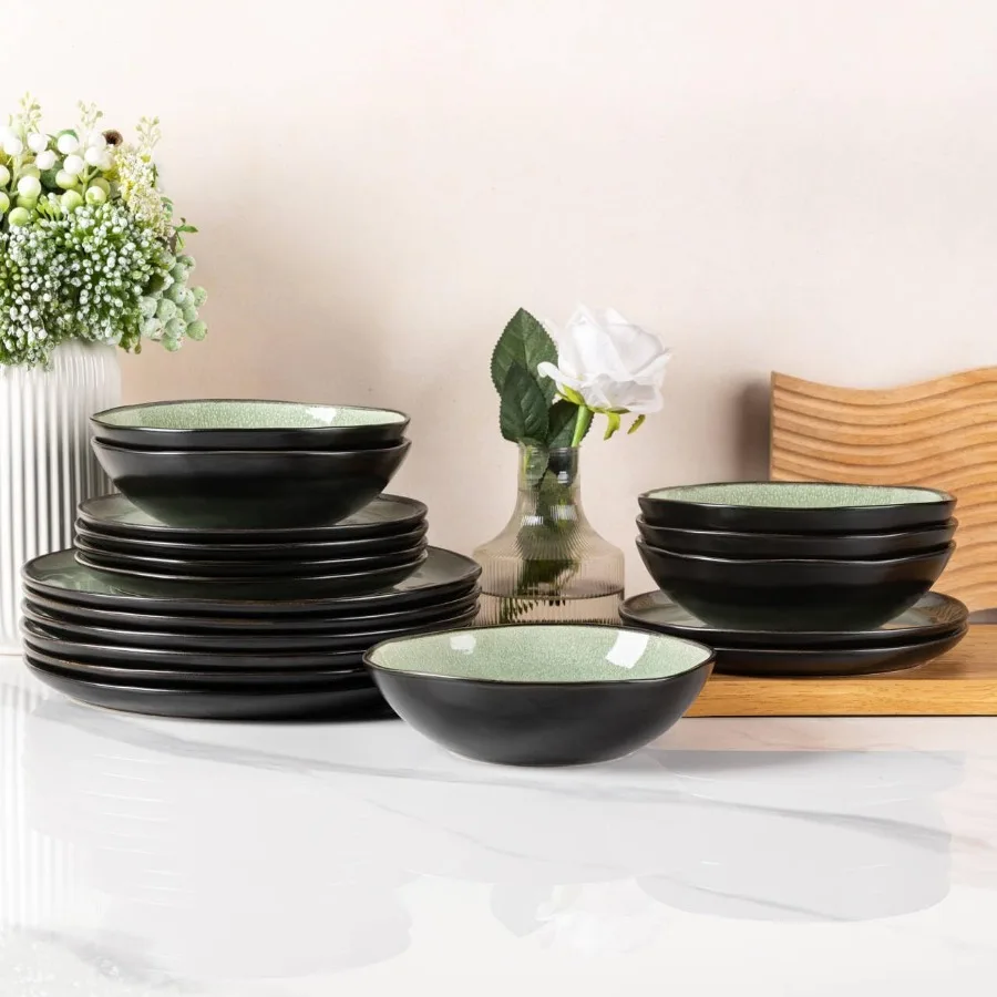 أطقم أواني طعام سيراميك مصنوعة يدويًا مع طلاء تفاعلي لتناول الطعام اليومي والمناسبات الخاصة، رقاقة عالية ومقاومة للشقق